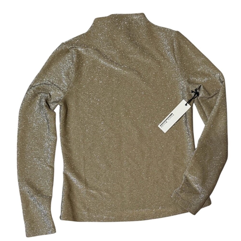 Haute Monde Gold Metallic Mock Neck Blouse Sparkly Glam Layer Long Sleeve Medium